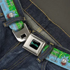 RICK AND MORTY Text Logo Full Color Black/Blue Seatbelt Belt - Rick and Morty Rick WUBBA LUBBA DUB DUB Face Greens/Blue Webbing