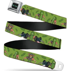 RICK AND MORTY Text Logo Full Color Black/Blue Seatbelt Belt - Rick and Morty Pickle Rick Rat Suit Poses Green Webbing