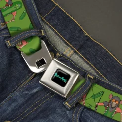 RICK AND MORTY Text Logo Full Color Black/Blue Seatbelt Belt - Rick and Morty Pickle Rick Rat Suit Poses Green Webbing