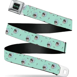 RICK AND MORTY Text Logo Full Color Black/Blue Seatbelt Belt - Rick and Morty Rick Lollipop Pose Scattered Teal Webbing