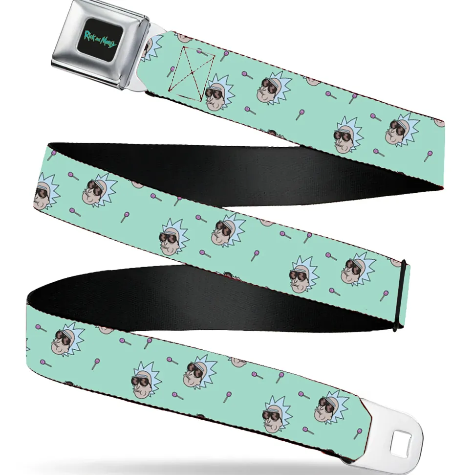 RICK AND MORTY Text Logo Full Color Black/Blue Seatbelt Belt - Rick and Morty Rick Lollipop Pose Scattered Teal Webbing