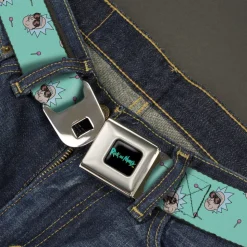 RICK AND MORTY Text Logo Full Color Black/Blue Seatbelt Belt - Rick and Morty Rick Lollipop Pose Scattered Teal Webbing