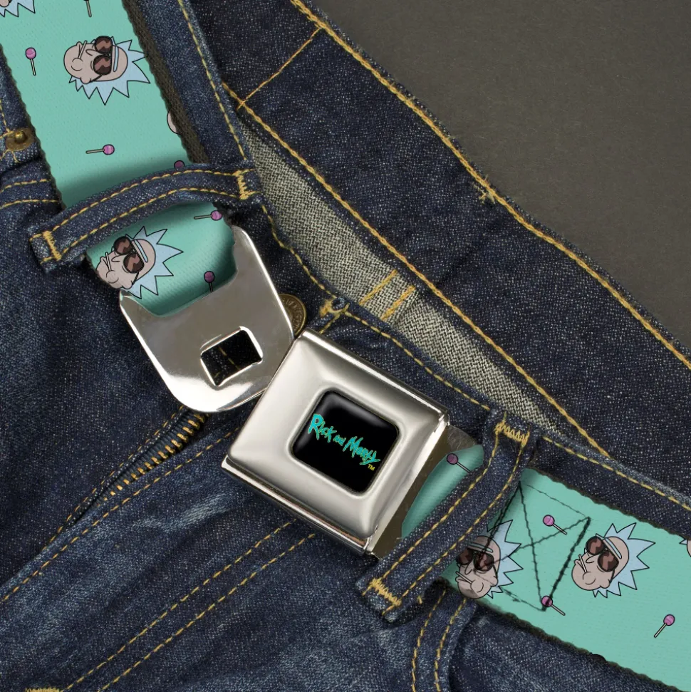 RICK AND MORTY Text Logo Full Color Black/Blue Seatbelt Belt - Rick and Morty Rick Lollipop Pose Scattered Teal Webbing