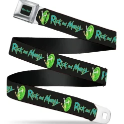 RICK AND MORTY Text Logo Full Color Black/Blue Seatbelt Belt - RICK AND MORTY Title Logo and Middle Finger Portal Jump Black Webbing