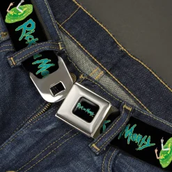 RICK AND MORTY Text Logo Full Color Black/Blue Seatbelt Belt - RICK AND MORTY Title Logo and Middle Finger Portal Jump Black Webbing