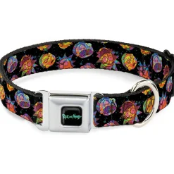RICK AND MORTY Text Logo Full Color Black/Blue Seatbelt Buckle Collar - Rick and Morty Vaporwave Expressions Scattered Black/Multi Color