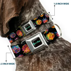 RICK AND MORTY Text Logo Full Color Black/Blue Seatbelt Buckle Collar - Rick and Morty Vaporwave Expressions Scattered Black/Multi Color