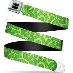 RICK AND MORTY Text Logo Full Color Black/Blue Seatbelt Belt - Rick and Morty Pickle Rick Scattered Greens Webbing