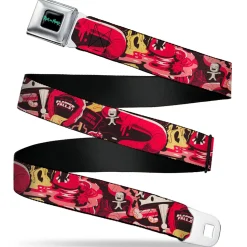 RICK AND MORTY Text Logo Full Color Black/Blue Seatbelt Belt - Rick and Morty Anatomy Park Collage Reds/Black Webbing