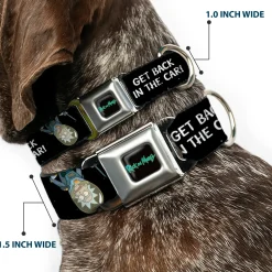 RICK AND MORTY Text Logo Full Color Black/Blue Seatbelt Buckle Collar - Rick and Morty Rick GET BACK IN THE CAR Pose Black/White