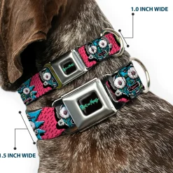 RICK AND MORTY Text Logo Full Color Black/Blue Seatbelt Buckle Collar - Rick and Morty Circuit Faces/Portal Gun Pink