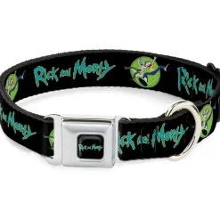 RICK AND MORTY Text Logo Full Color Black/Blue Seatbelt Buckle Collar - RICK AND MORTY Title Logo and Portal Pose Black