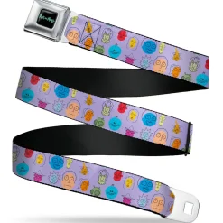 RICK AND MORTY Text Logo Full Color Black/Blue Seatbelt Belt - Rick and Morty Colorful Faces Collage Lavender Webbing