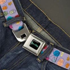 RICK AND MORTY Text Logo Full Color Black/Blue Seatbelt Belt - Rick and Morty Colorful Faces Collage Lavender Webbing