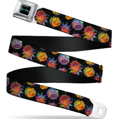 RICK AND MORTY Text Logo Full Color Black/Blue Seatbelt Belt - Rick and Morty Vaporwave Expressions Scattered Black/Multi Color Webbing