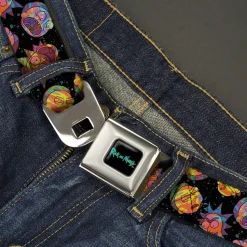 RICK AND MORTY Text Logo Full Color Black/Blue Seatbelt Belt - Rick and Morty Vaporwave Expressions Scattered Black/Multi Color Webbing