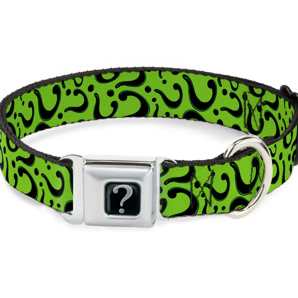 Riddler "?" Black Silver Seatbelt Buckle Collar - Question Mark Scattered Lime Green/Black