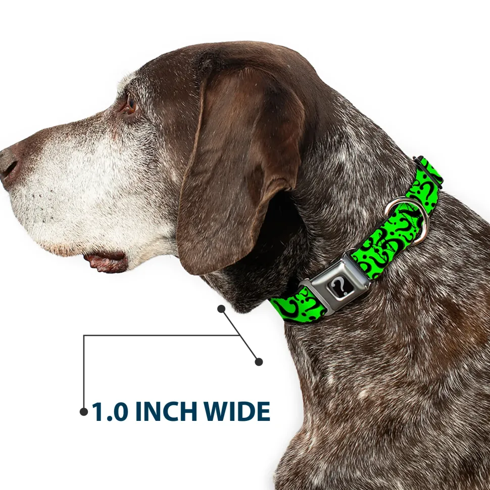 Riddler "?" Black Silver Seatbelt Buckle Collar - Question Mark Scattered Lime Green/Black