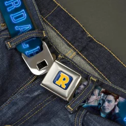 RIVERDALE "R" Logo Full Color Blue White Yellow Seatbelt Belt - RIVERDALE 7-Character Group Pose Blues Webbing