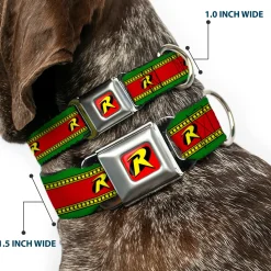 Robin "R" Logo Full Color Red/Black/Yellow Seatbelt Buckle Collar - Robin Action Pose/"R" Logo Stripe Green/Yellow/Red/Black
