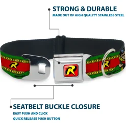 Robin "R" Logo Full Color Red/Black/Yellow Seatbelt Buckle Collar - Robin Action Pose/"R" Logo Stripe Green/Yellow/Red/Black