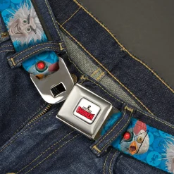 ROBOT CHICKEN Title Logo Full Color White/Black/Red Seatbelt Belt - Robot Chicken and Mad Scientist Expressions Blues Webbing