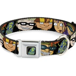 ROCKET POWER RP Logo Full Color Black/Green/Blue Seatbelt Buckle Collar - ROCKET POWER RP Logo/4-Character Faces CLOSE-UP Black/Green/Blue