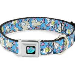 ROCKO'S MODERN LIFE Logo Full Color Black/Blues Seatbelt Buckle Collar - Rocko & Spunky Scattered Expressions/Triangles Blue/Lavender