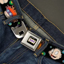 RUGRATS Logo Full Color Seatbelt Belt - Rugrats Character Expressions Black Webbing