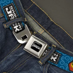 SAMURAI JACK Title Logo Full Color Black/White Seatbelt Belt - SAMURAI JACK Title Logo and Icons with Swirl Blues Webbing