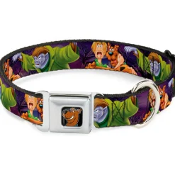 Scooby Doo Face Full Color Black Seatbelt Buckle Collar - Scooby & Shaggy Hugging w/Werewolf Man Purple