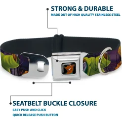 Scooby Doo Face Full Color Black Seatbelt Buckle Collar - Scooby & Shaggy Hugging w/Werewolf Man Purple