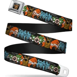 Scooby Doo Face Full Color Black Seatbelt Belt - SCOOBY DOO Face/Paw & Crossbones Gray/Black/Orange/Blue Webbing