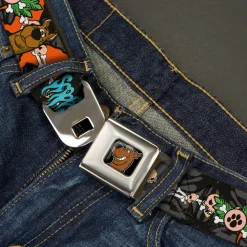Scooby Doo Face Full Color Black Seatbelt Belt - SCOOBY DOO Face/Paw & Crossbones Gray/Black/Orange/Blue Webbing