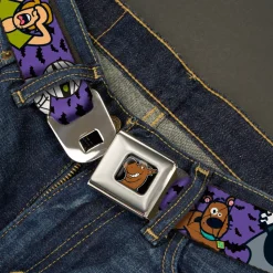 Scooby Doo Face Full Color Black Seatbelt Belt - Mini Scooby Doo Halloween/Bats Purple/Black Webbing