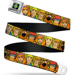 SD Dog Tag Full Color Black/Yellow/Blue Seatbelt Belt - Scooby Doo Character Faces Close-Up Green Webbing