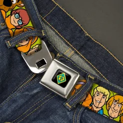 SD Dog Tag Full Color Black/Yellow/Blue Seatbelt Belt - Scooby Doo Character Faces Close-Up Green Webbing