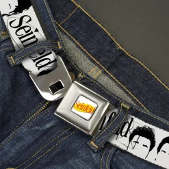 SEINFELD Spotlight Logo Full Color White/Yellow/Red Seatbelt Belt - SEINFELD Cast Face Silhouettes White/Black Webbing