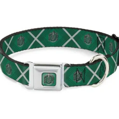 SLYTHERIN Crest Full Color Green Seatbelt Buckle Collar - Harry Potter Slytherin Crest Plaid Greens/Gray