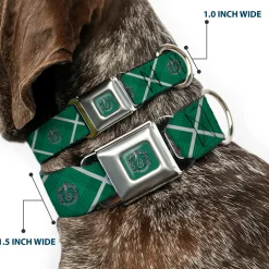 SLYTHERIN Crest Full Color Green Seatbelt Buckle Collar - Harry Potter Slytherin Crest Plaid Greens/Gray