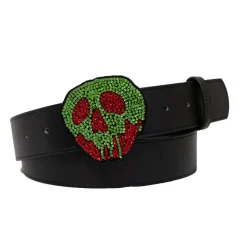 Snow White Poison Apple Crystal Rhinestone Cast Buckle - Black PU Strap Belt
