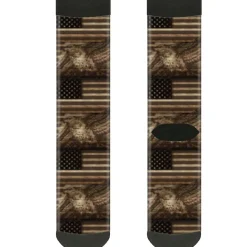 Sock Pair - Polyester - Americana Eagle & Flag Rustic Wood Grain - CREW