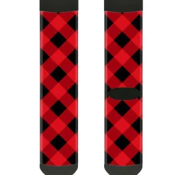 Sock Pair - Polyester - Diagonal Buffalo Plaid Black Red - CREW