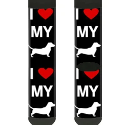 Sock Pair - Polyester - I "HEART" MY "WIENER" Dog Silhouette Black White Red - CREW