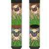 Sock Pair - Polyester - Pug Puppies Paw Prints Browns Greens - CREW