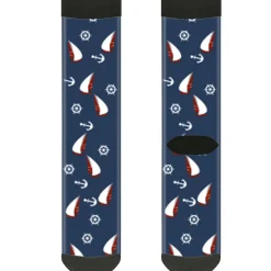Sock Pair - Polyester - Sailboat Anchor Helm Scattered Navy White Red - CREW
