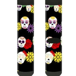 Sock Pair - Polyester - Sugar Skulls & Flowers Black Multi Color - CREW