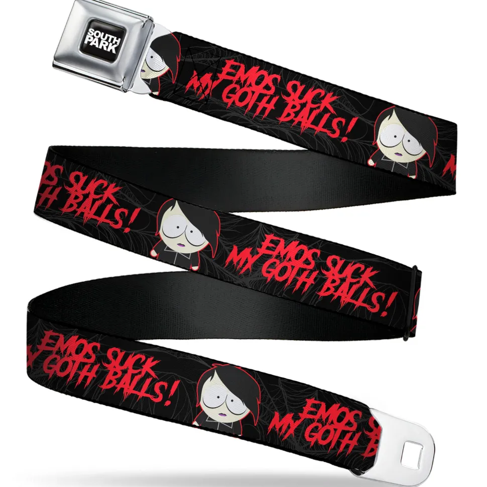 SOUTH PARK Title Logo Full Color Black/White Seatbelt Belt - South Park Goth Firkle EMOS SUCKS MY GOTH BALLS! Black/Gray/Red Webbing