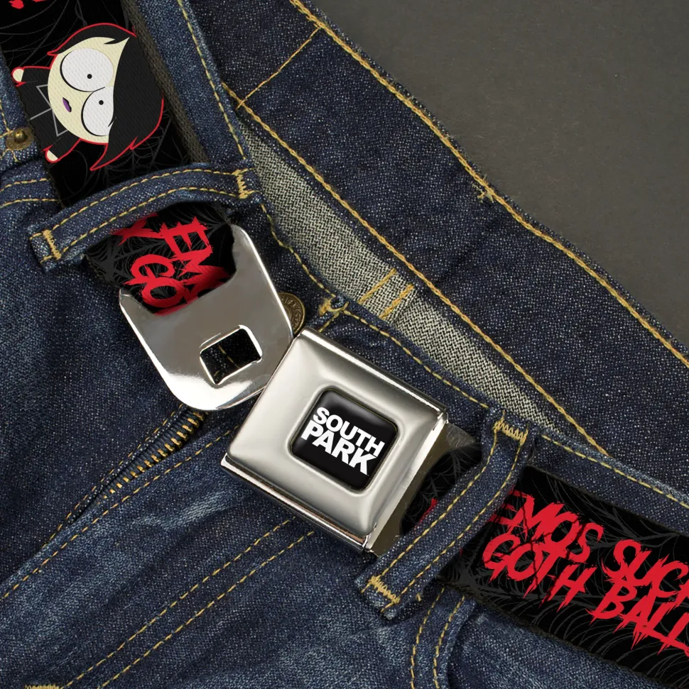 SOUTH PARK Title Logo Full Color Black/White Seatbelt Belt - South Park Goth Firkle EMOS SUCKS MY GOTH BALLS! Black/Gray/Red Webbing