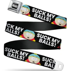 SOUTH PARK Title Logo Full Color Black/White Seatbelt Belt - South Park Cartman SUCK MY BALLS Pose Black/White Webbing